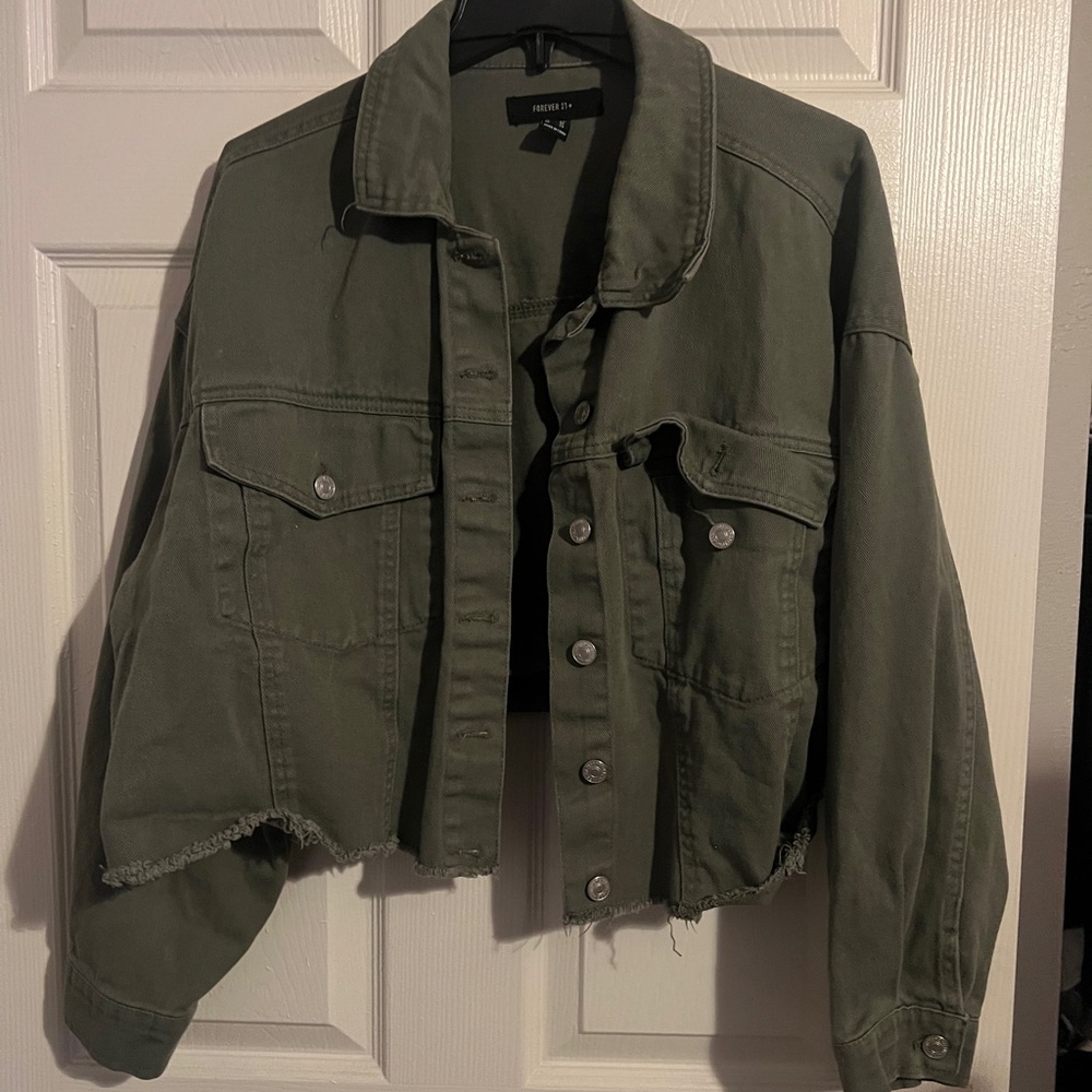 Forever 21 Green Jean Jacket Cropped Style